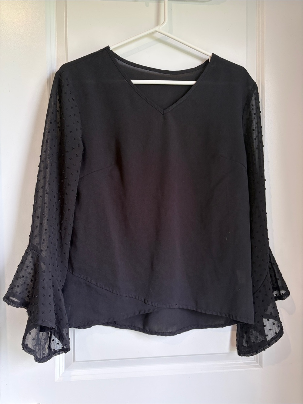 Black V-Neck Swiss Dot Sleeve Women's Top
